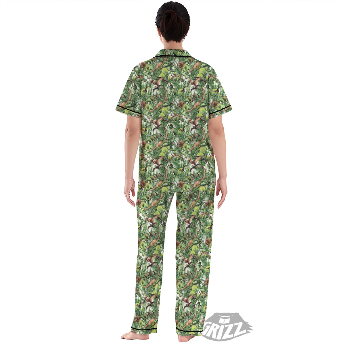 Watercolor Dinosaurs Plants Print Pattern Women's Pajamas Set-grizzshop