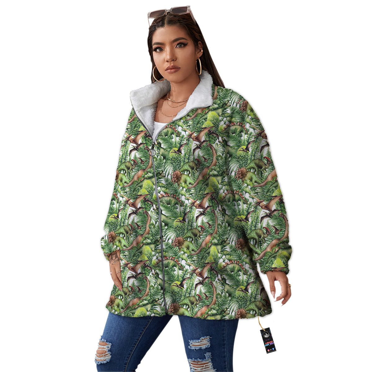 Watercolor Dinosaurs Plants Print Pattern Women's Sherpa Jacket-grizzshop
