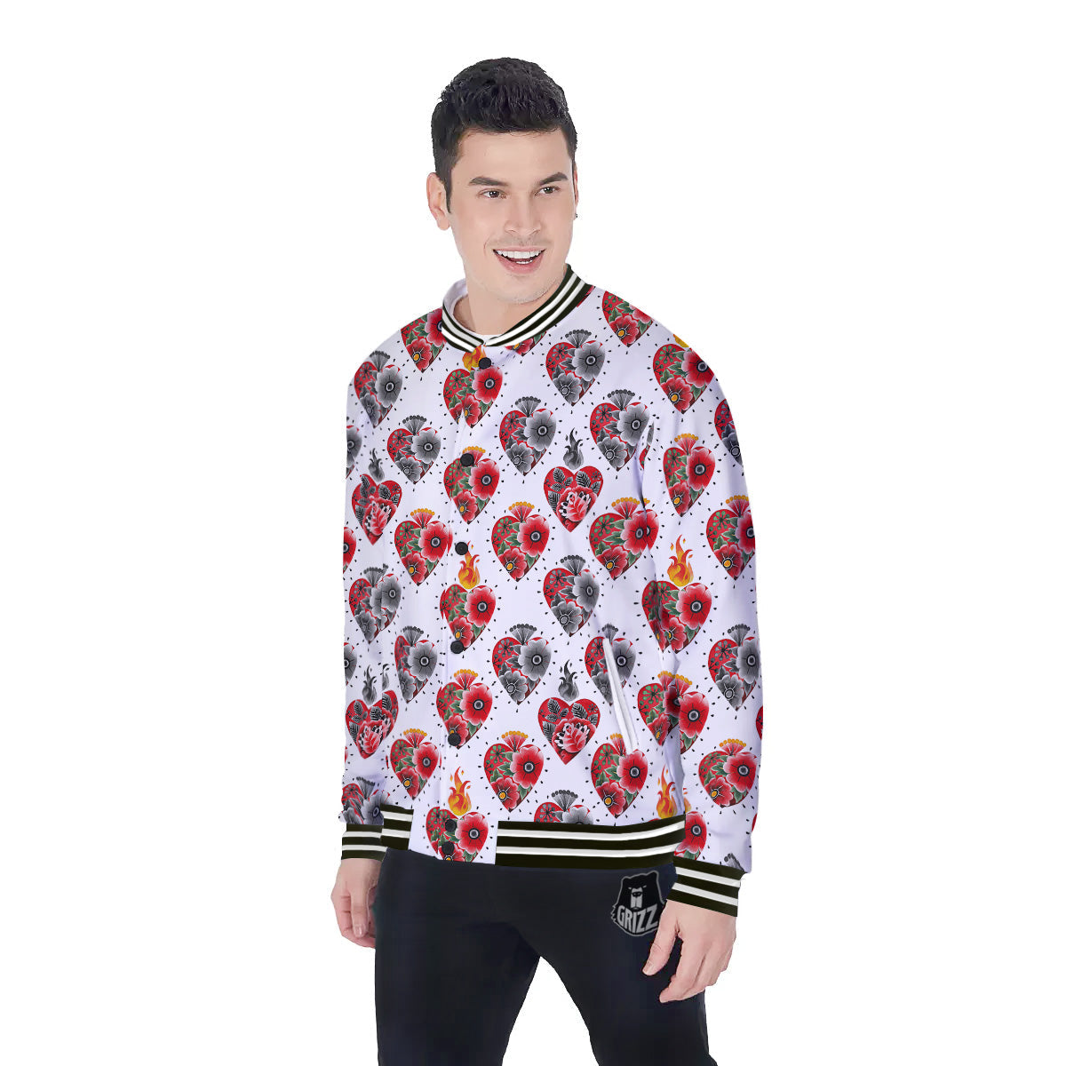 Watercolor Flaming Heart Tattoo Print Pattern Baseball Jacket-grizzshop