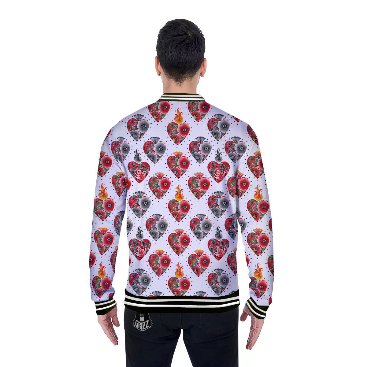 Watercolor Flaming Heart Tattoo Print Pattern Baseball Jacket-grizzshop