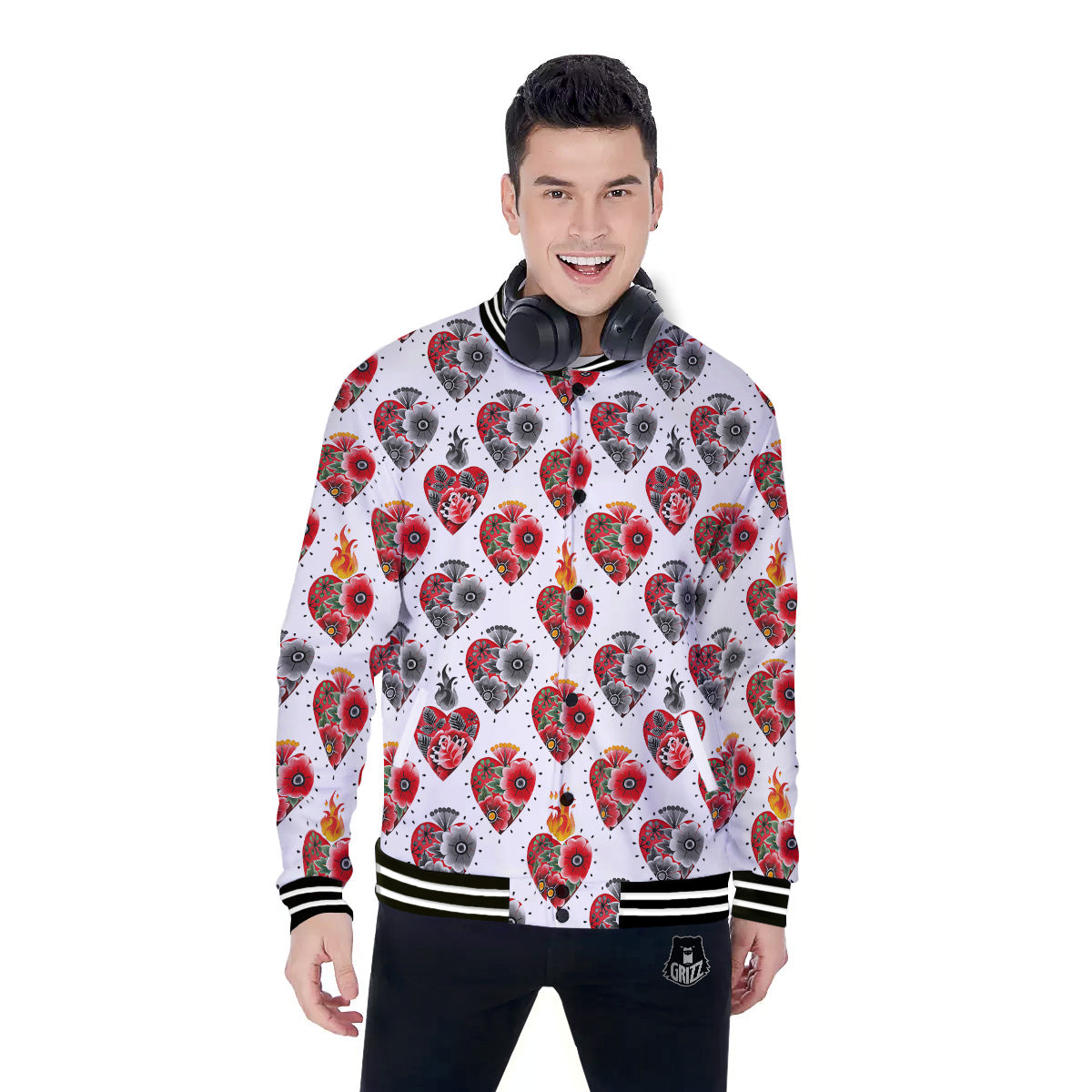 Watercolor Flaming Heart Tattoo Print Pattern Baseball Jacket-grizzshop