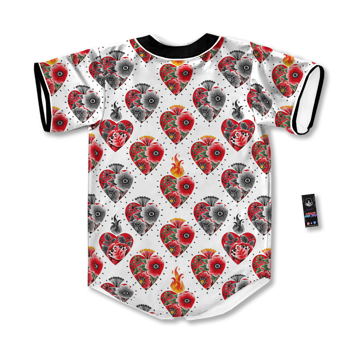 Watercolor Flaming Heart Tattoo Print Pattern Baseball Jersey-grizzshop