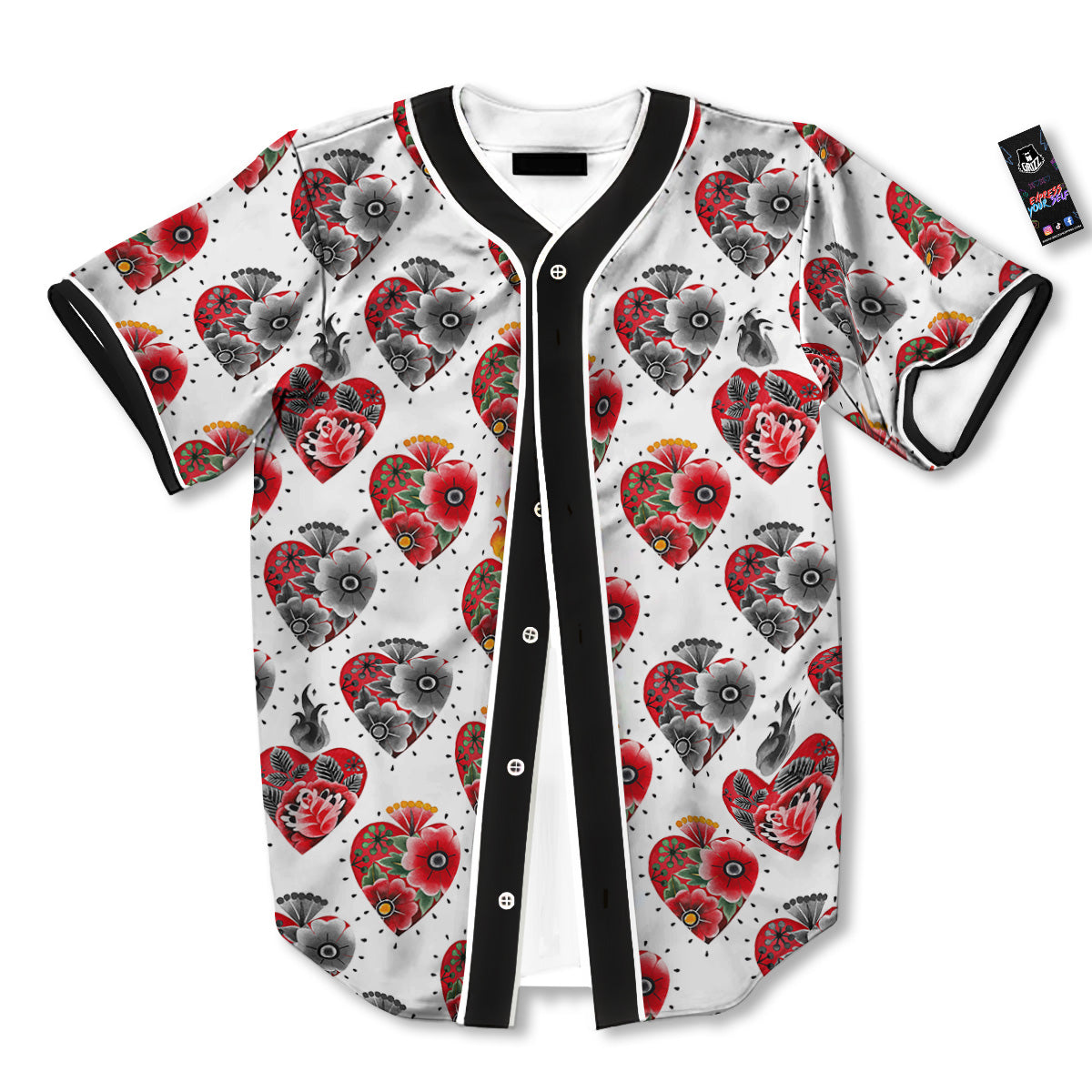 Watercolor Flaming Heart Tattoo Print Pattern Baseball Jersey-grizzshop
