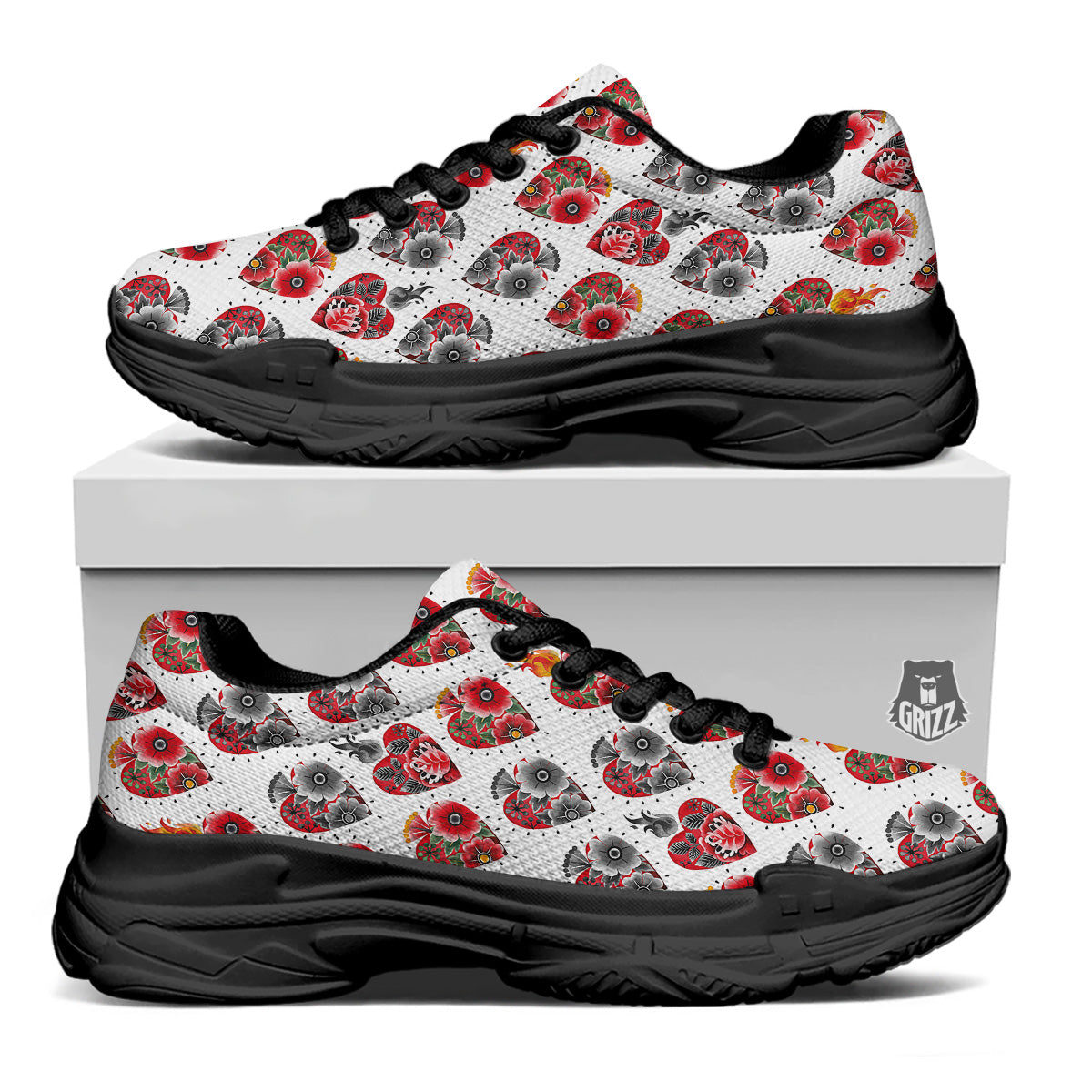Watercolor Flaming Heart Tattoo Print Pattern Black Chunky Shoes-grizzshop