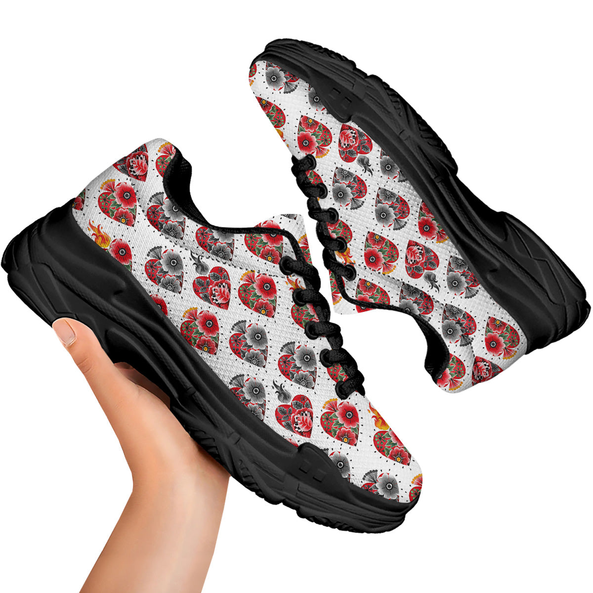 Watercolor Flaming Heart Tattoo Print Pattern Black Chunky Shoes-grizzshop