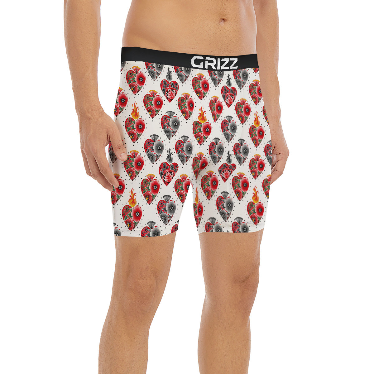 Watercolor Flaming Heart Tattoo Print Pattern Boxer Briefs-grizzshop