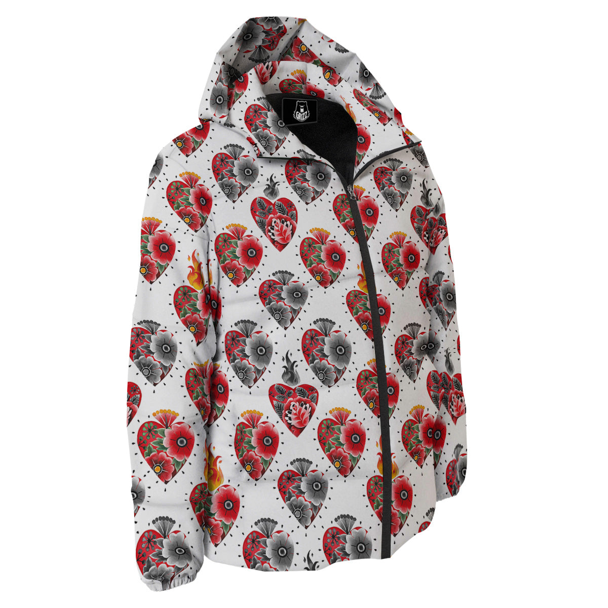 Watercolor Flaming Heart Tattoo Print Pattern Down Jacket-grizzshop