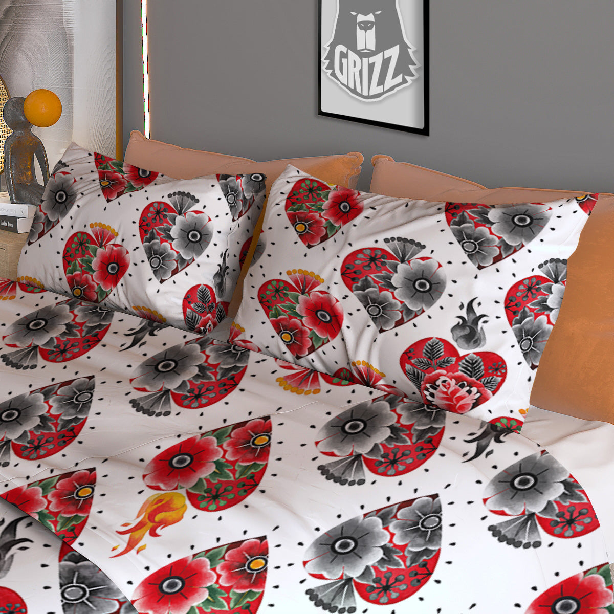 Watercolor Flaming Heart Tattoo Print Pattern Duvet Cover Bedding Set