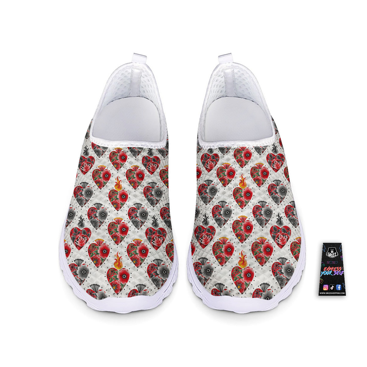 Watercolor Flaming Heart Tattoo Print Pattern Nurse Shoes-grizzshop