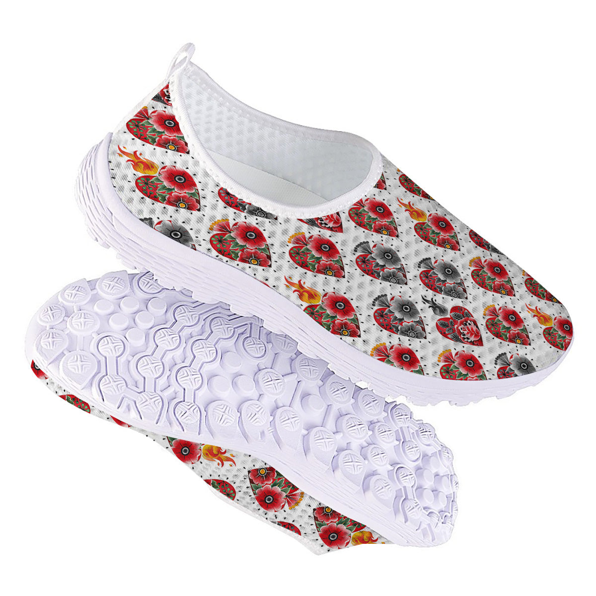 Watercolor Flaming Heart Tattoo Print Pattern Nurse Shoes-grizzshop