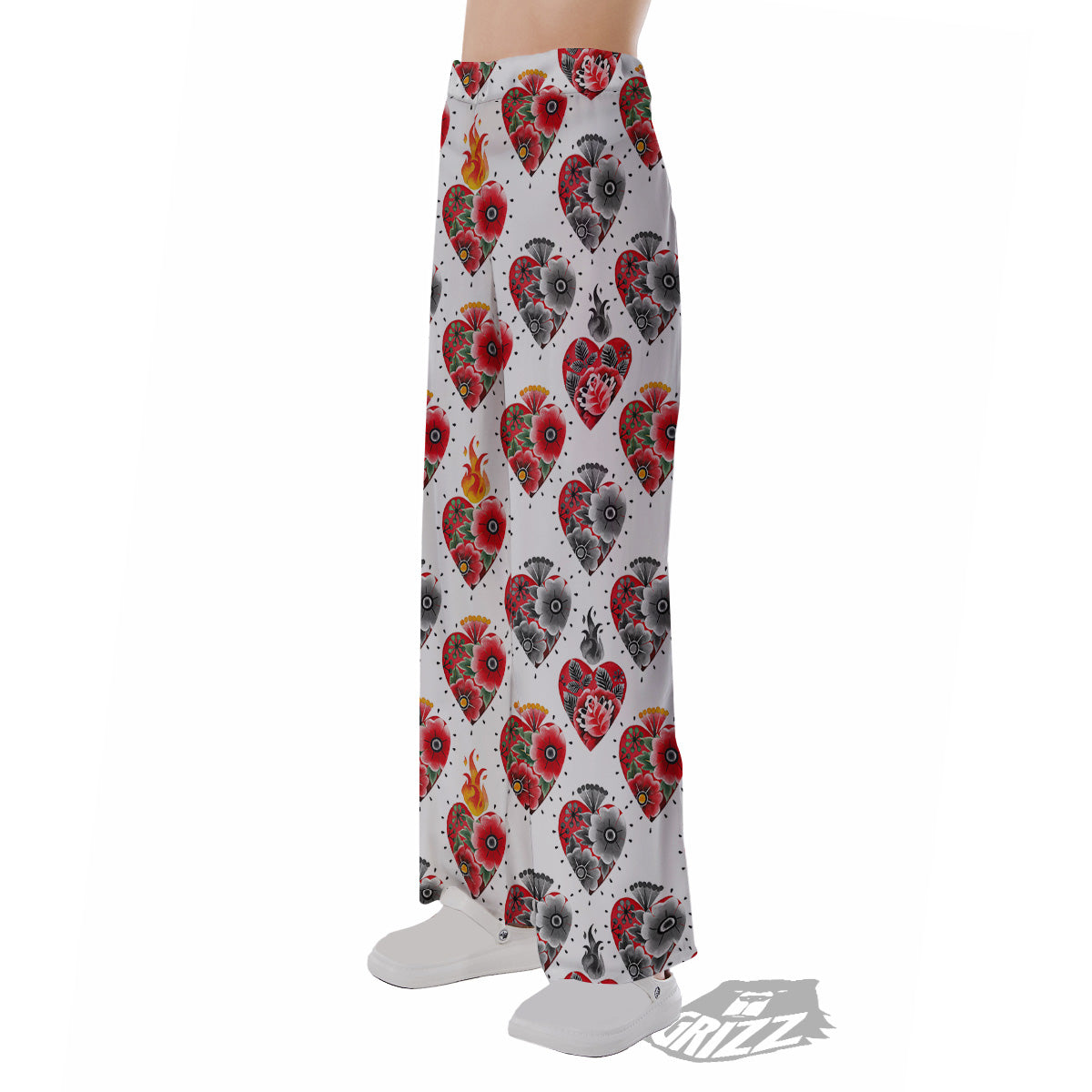 Watercolor Flaming Heart Tattoo Print Pattern Pajama Pants-grizzshop