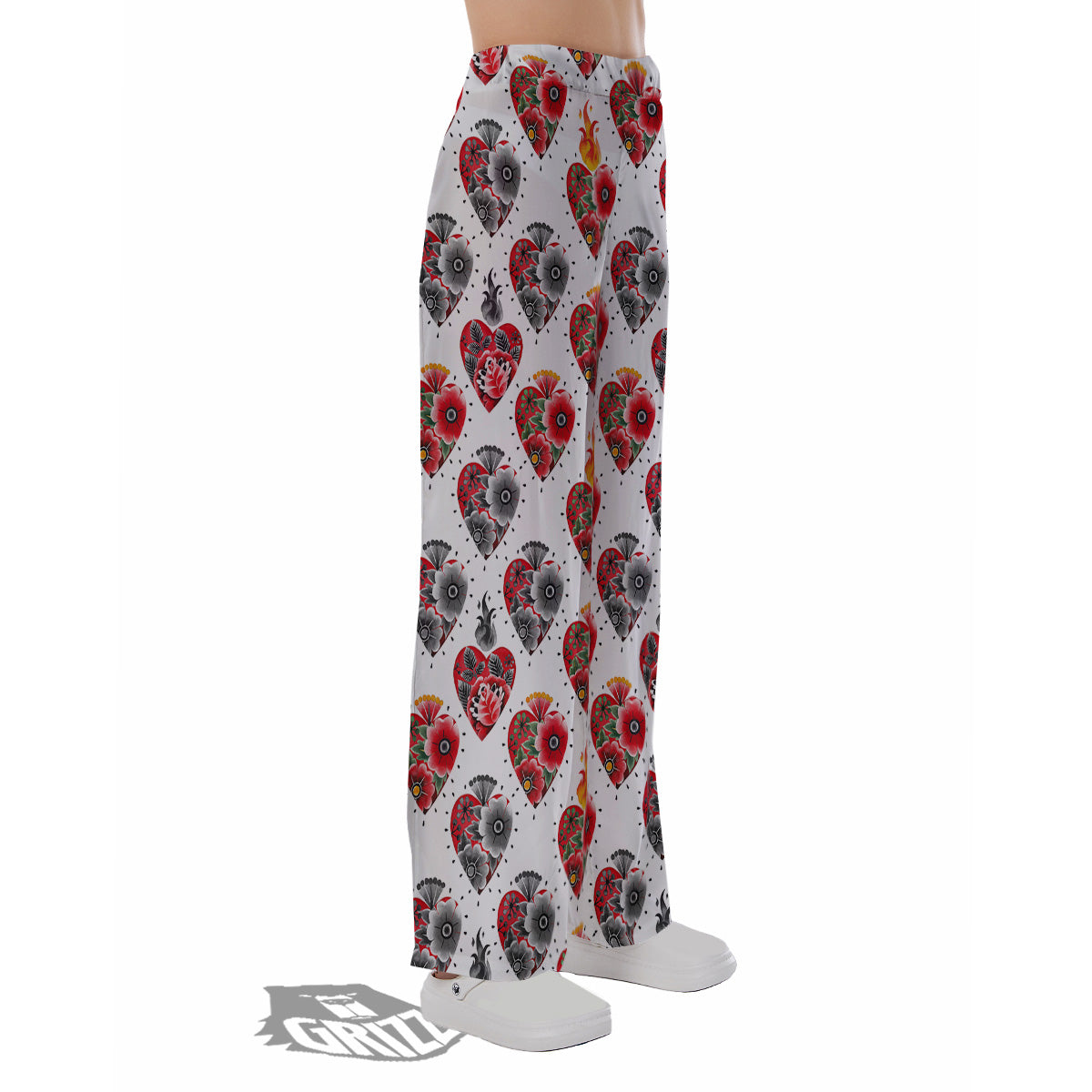 Watercolor Flaming Heart Tattoo Print Pattern Pajama Pants-grizzshop