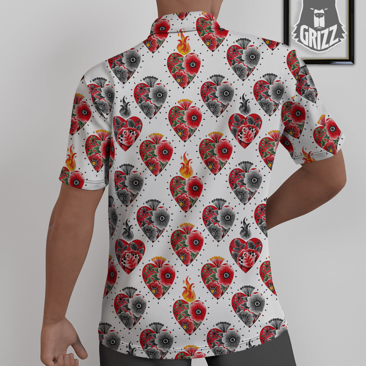 Watercolor Flaming Heart Tattoo Print Pattern Untucked Shirts-grizzshop