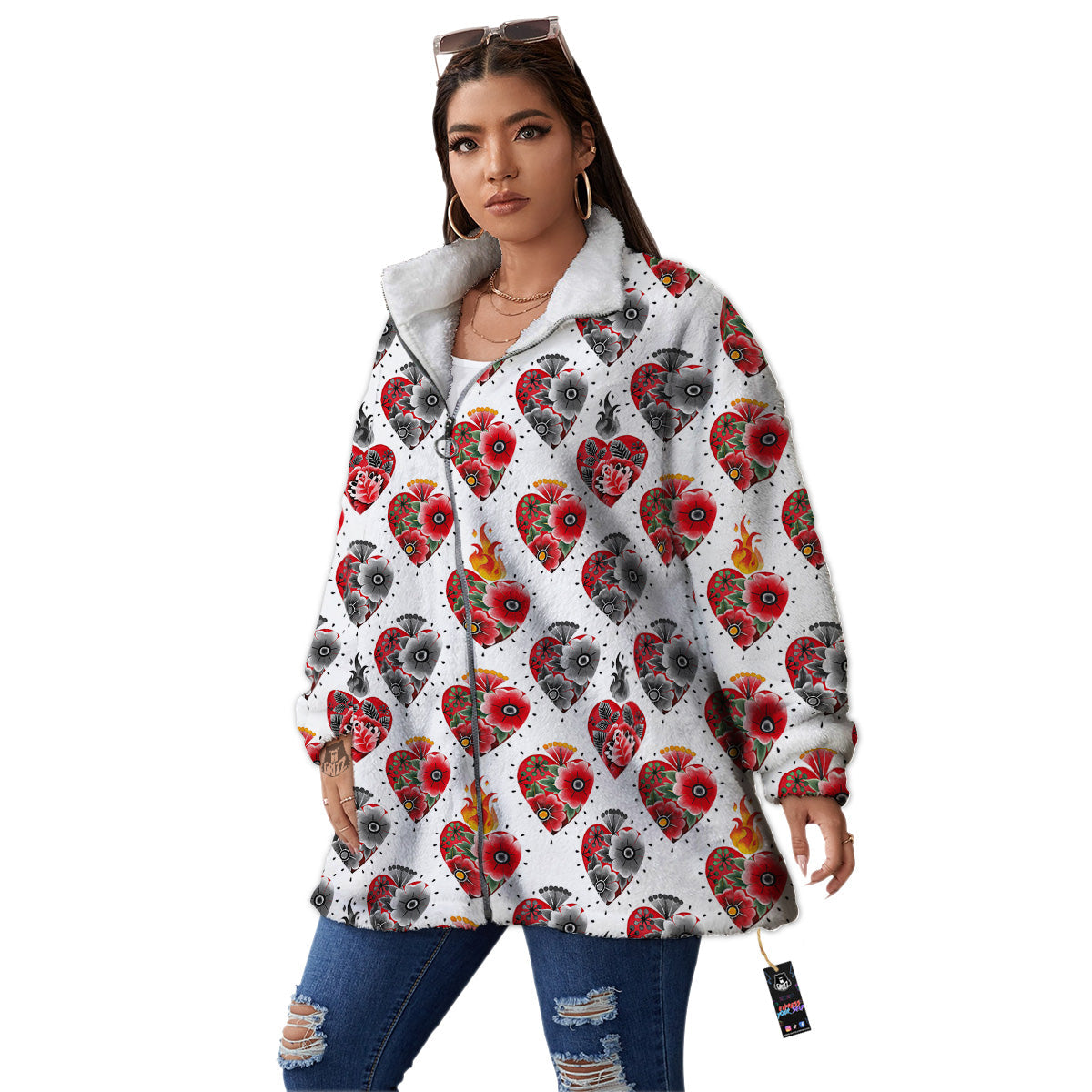 Watercolor Flaming Heart Tattoo Print Pattern Women's Sherpa Jacket-grizzshop
