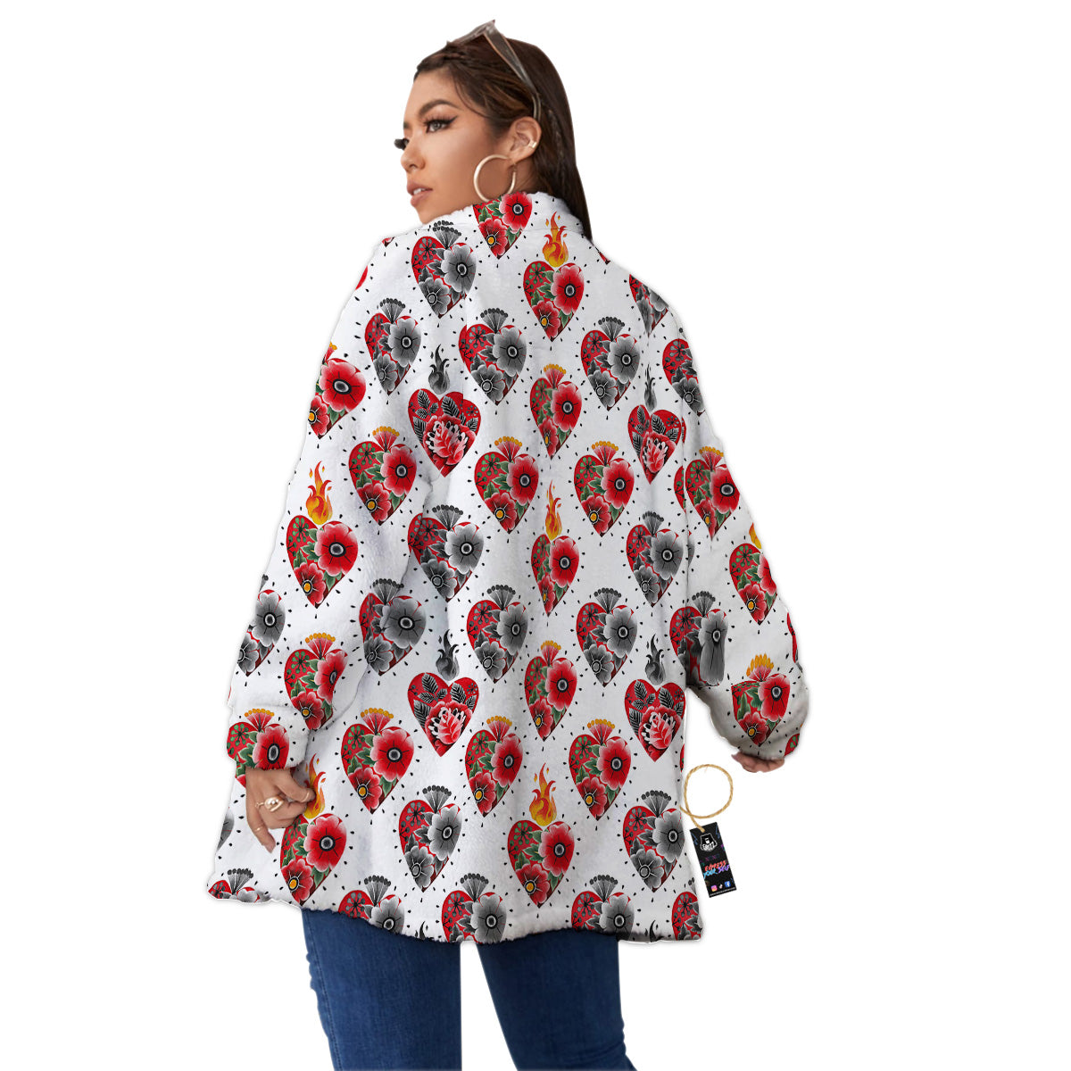 Watercolor Flaming Heart Tattoo Print Pattern Women's Sherpa Jacket-grizzshop