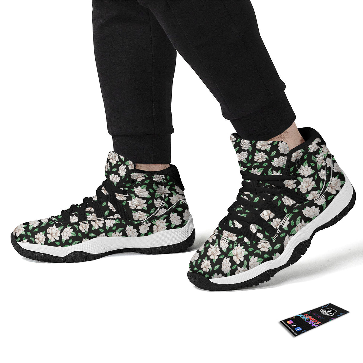 Watercolor Gardenia And Leaf Print Pattern Black Bball Shoes-grizzshop