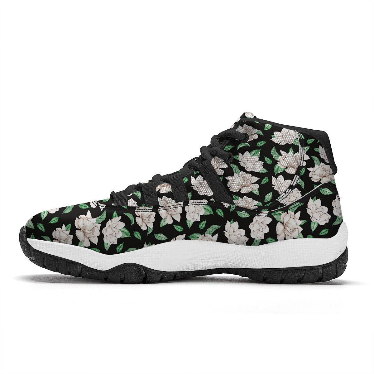 Watercolor Gardenia And Leaf Print Pattern Black Bball Shoes-grizzshop