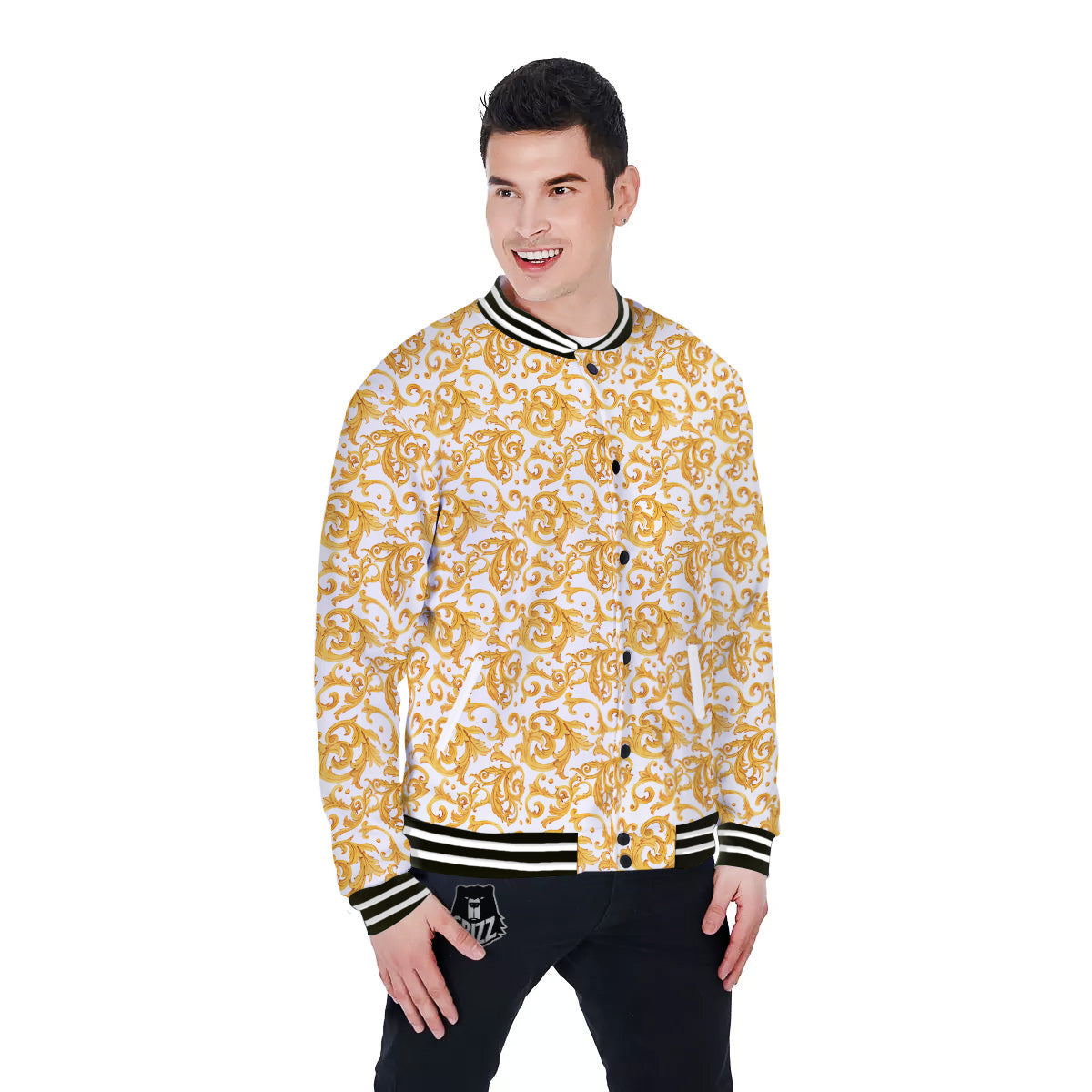 Watercolor Golden Baroque Print Pattern Baseball Jacket-grizzshop