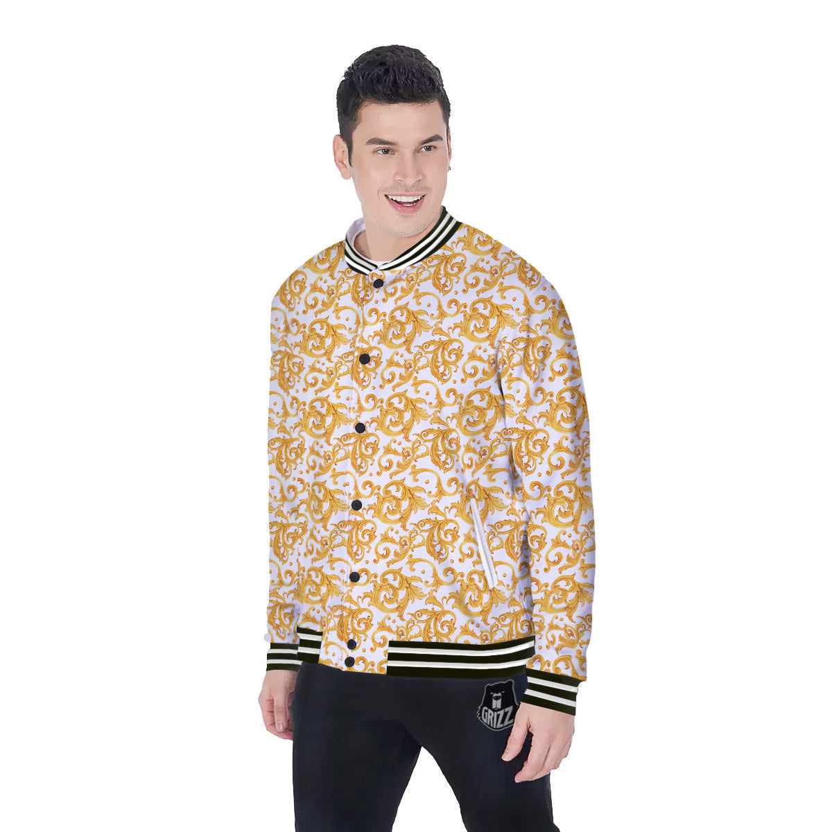 Watercolor Golden Baroque Print Pattern Baseball Jacket-grizzshop
