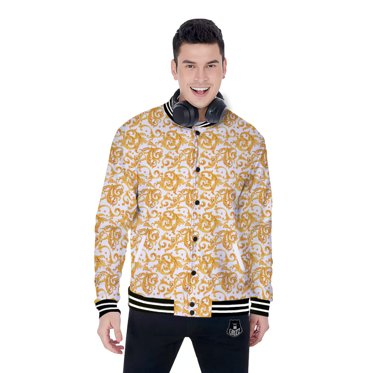 Watercolor Golden Baroque Print Pattern Baseball Jacket-grizzshop