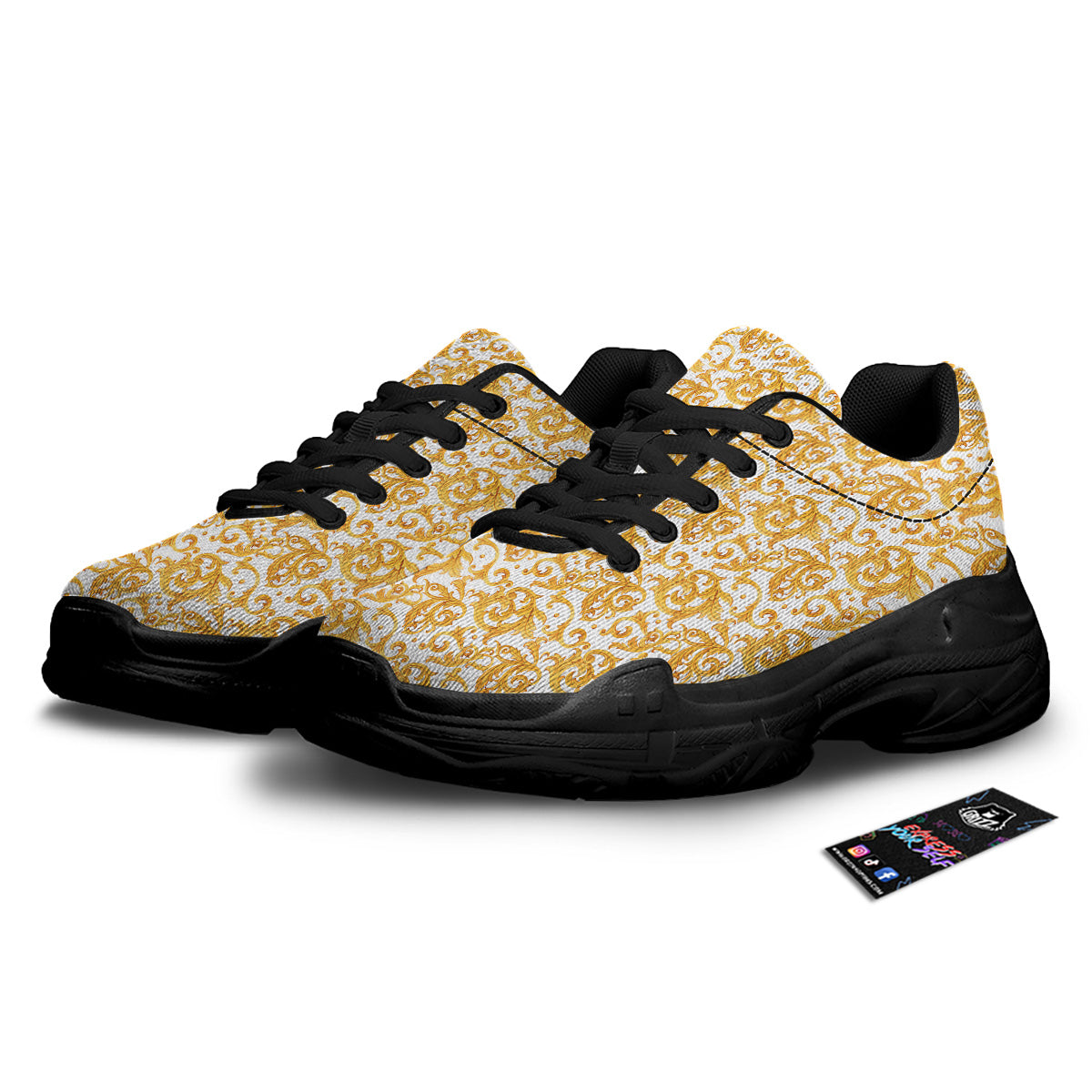 Watercolor Golden Baroque Print Pattern Black Chunky Shoes-grizzshop