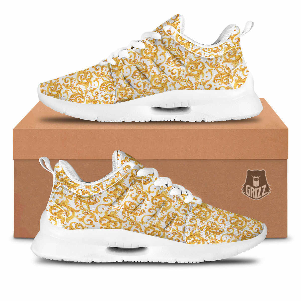 Watercolor Golden Baroque Print Pattern Tennis Shoes-grizzshop
