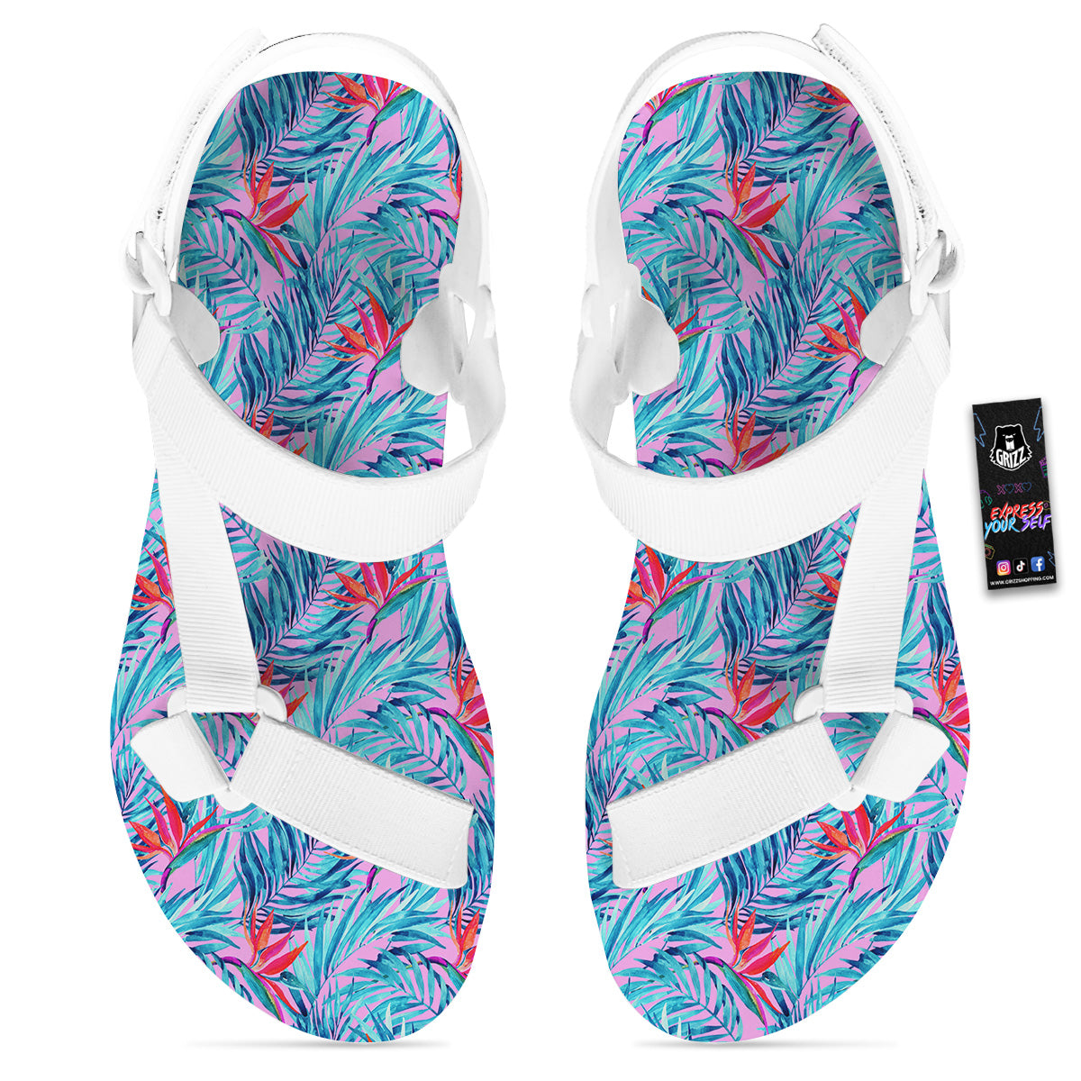 Watercolor Hawaiian Pink And Blue Print White Open Toe Sandals-grizzshop