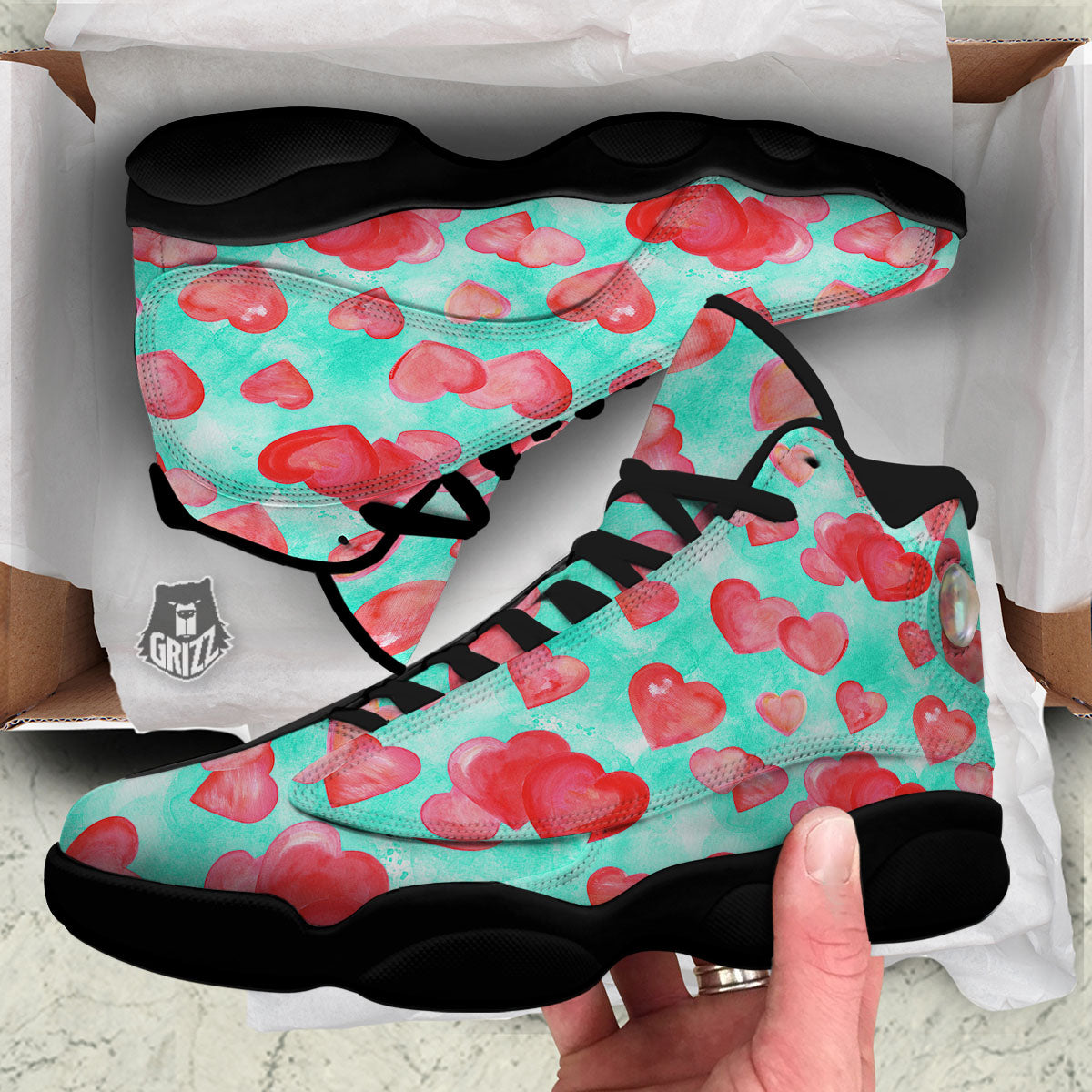 Watercolor Heart Teal And Pink Print Black Basketball Shoes-grizzshop