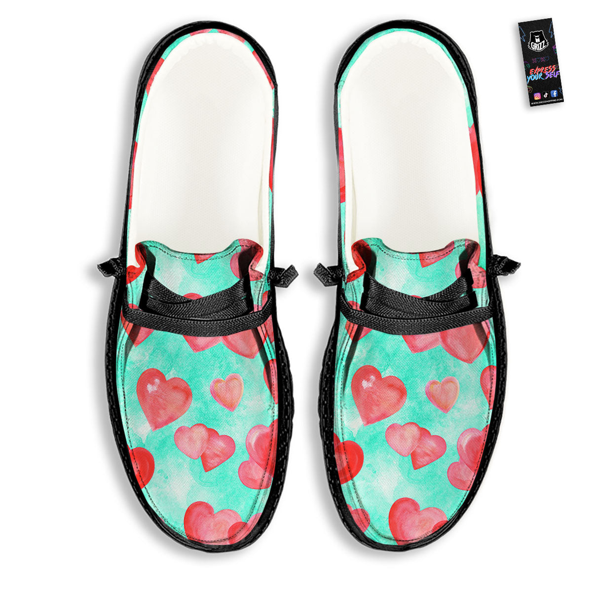 Watercolor Heart Teal And Pink Print Black Loafers-grizzshop