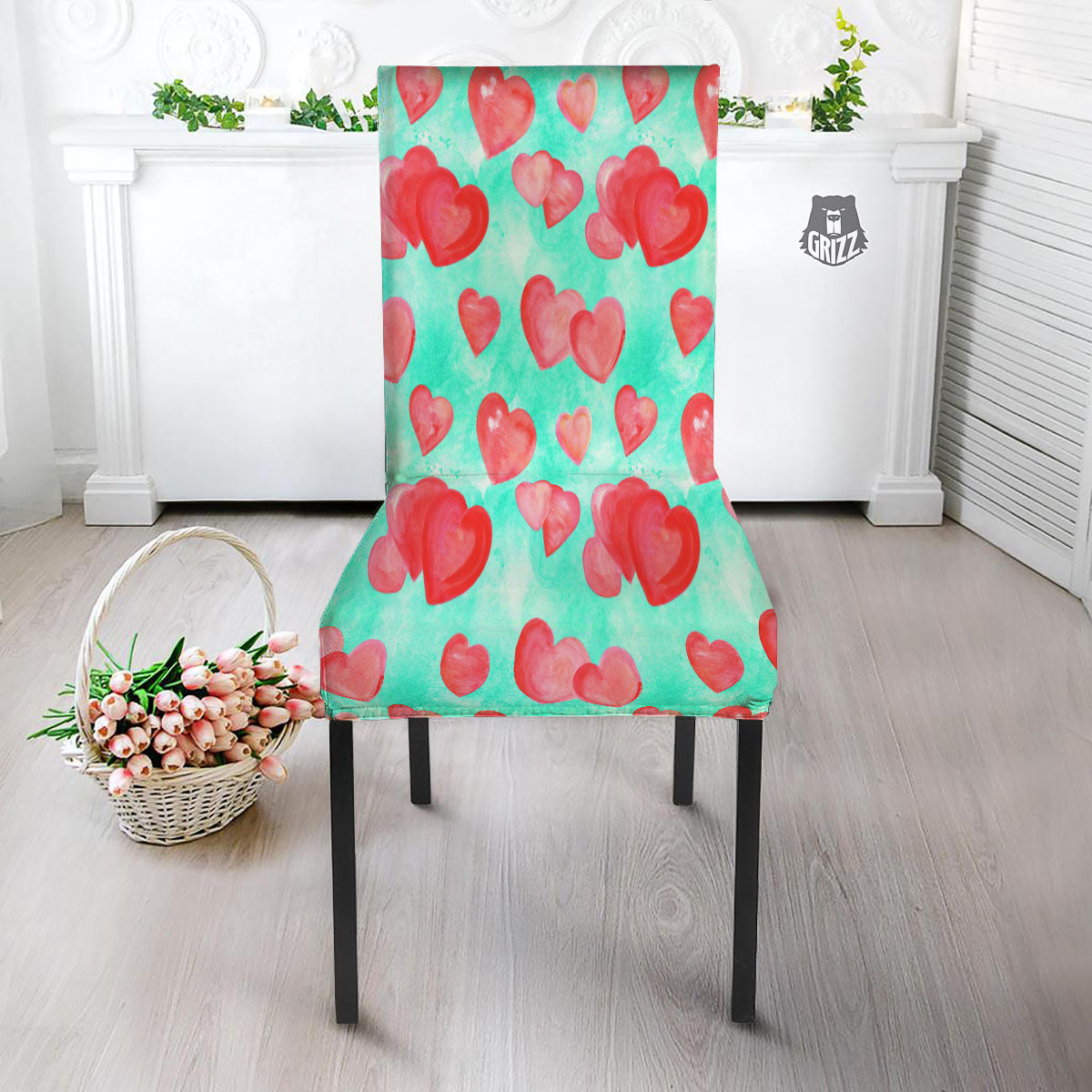 Watercolor Heart Teal And Pink Print Dining Chair Slipcover-grizzshop