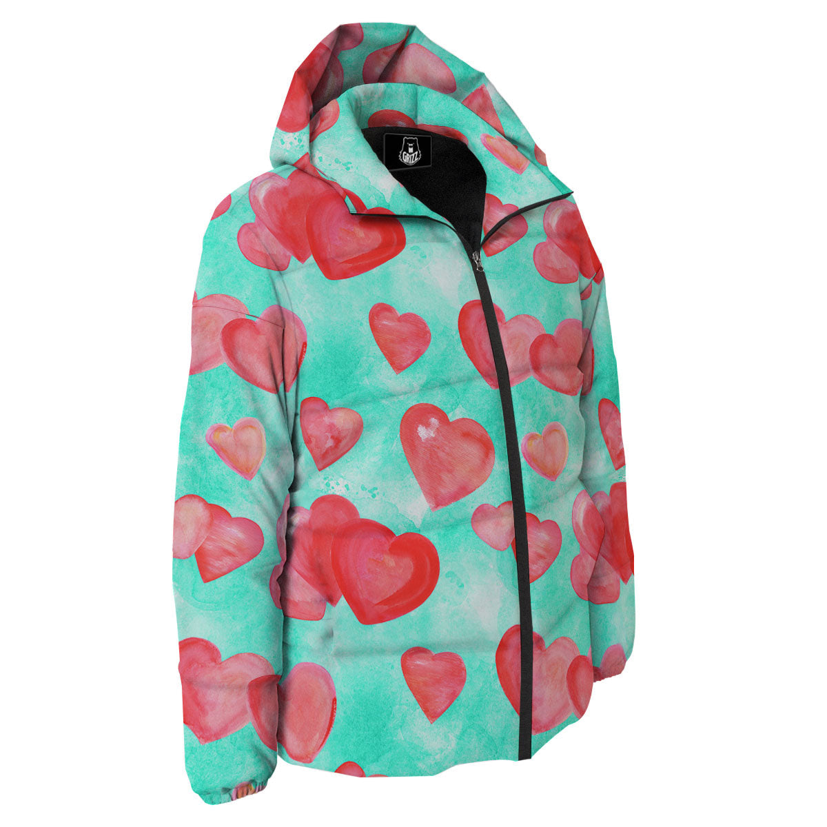 Watercolor Heart Teal And Pink Print Down Jacket-grizzshop