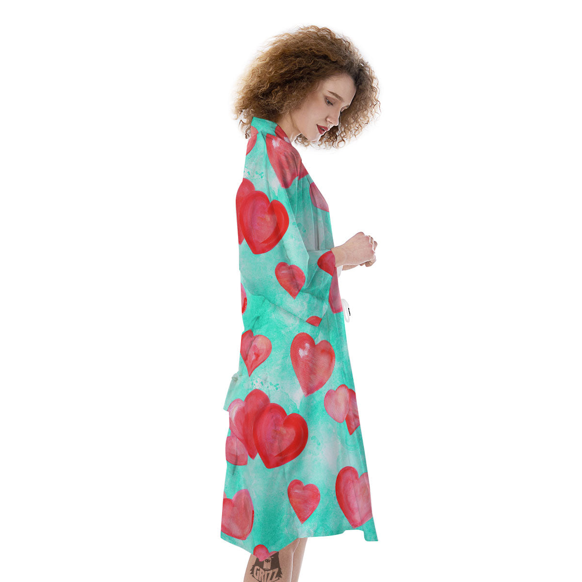 Watercolor Heart Teal And Pink Print Kimono-grizzshop