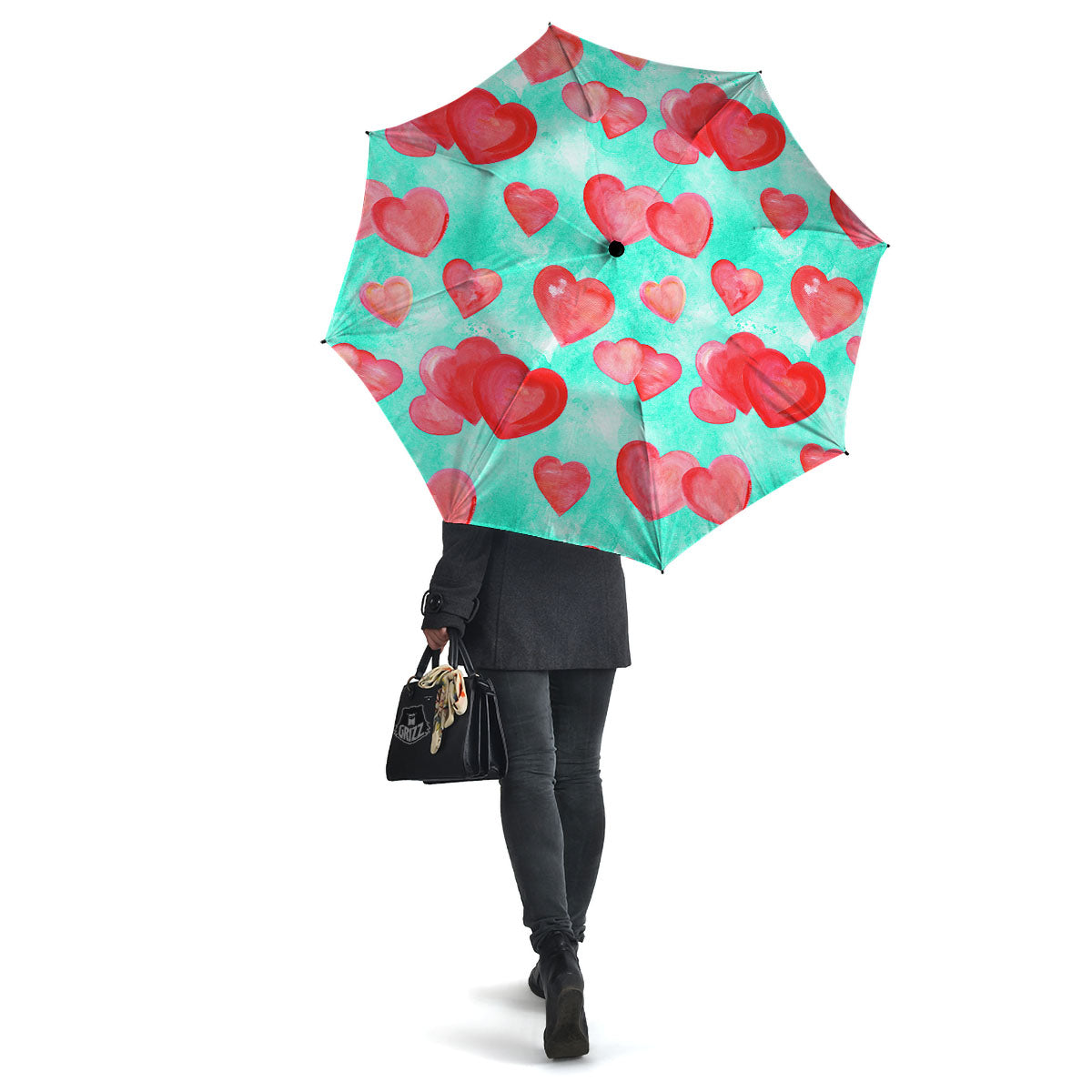 Watercolor Heart Teal And Pink Print Umbrella-grizzshop