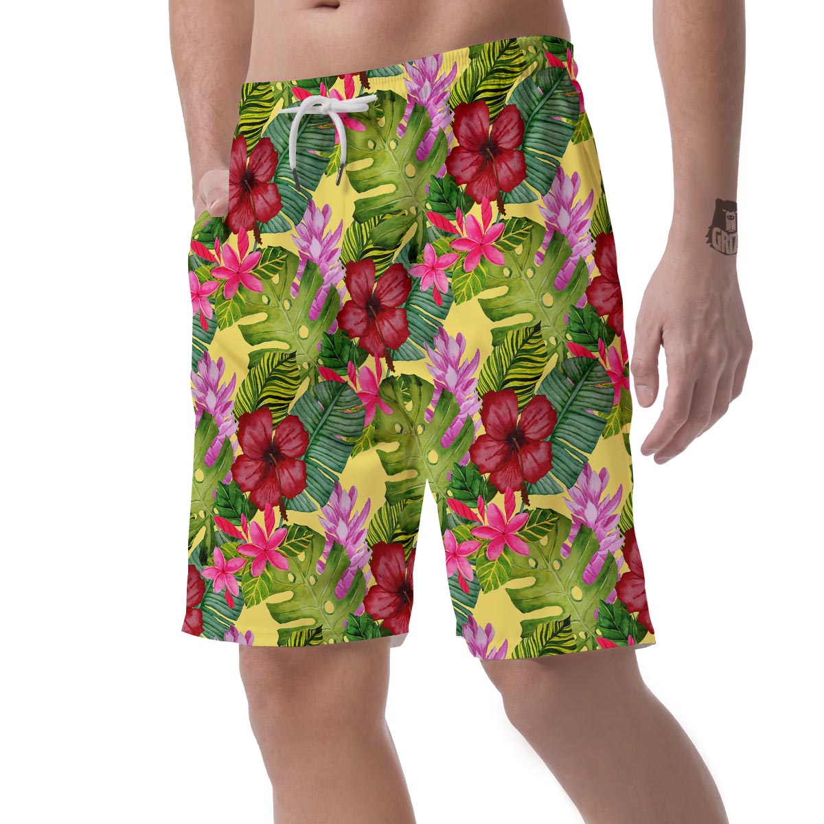 Watercolor Hibiscus Floral Hawaiian Print Men's Shorts-grizzshop