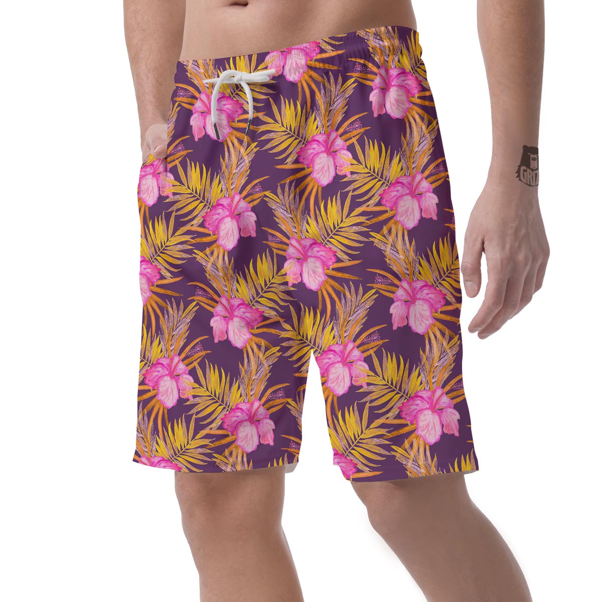 Watercolor Hibiscus Flower Hawaiian Print Men's Shorts-grizzshop