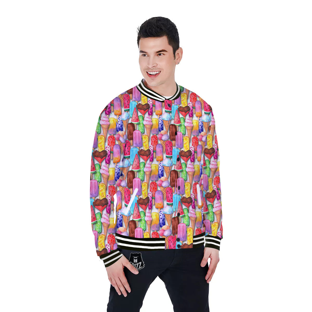 Watercolor Ice Cream Print Pattern Baseball Jacket-grizzshop
