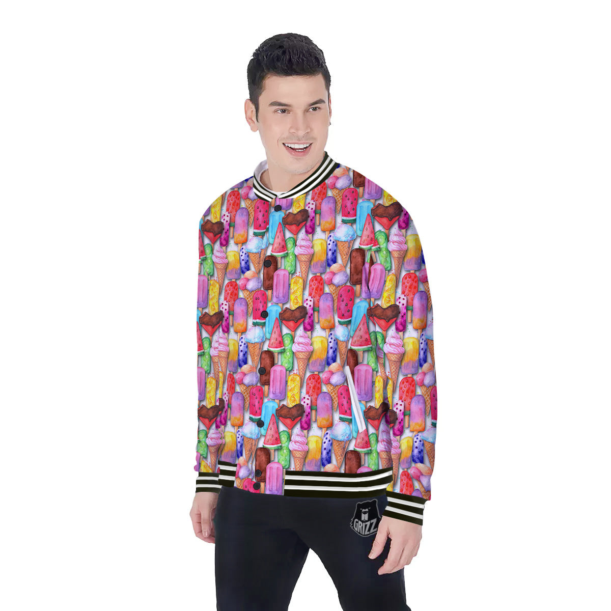 Watercolor Ice Cream Print Pattern Baseball Jacket-grizzshop