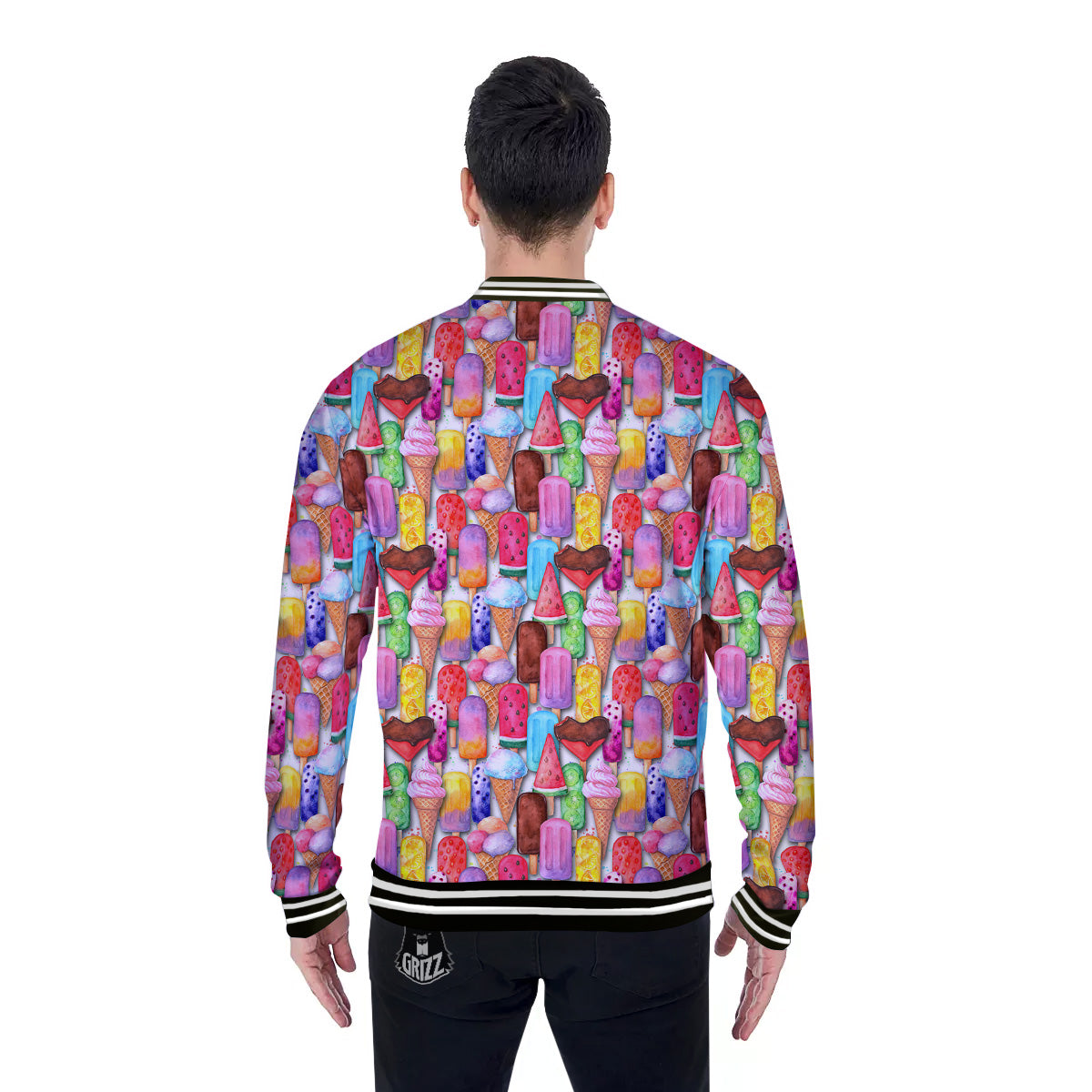 Watercolor Ice Cream Print Pattern Baseball Jacket-grizzshop