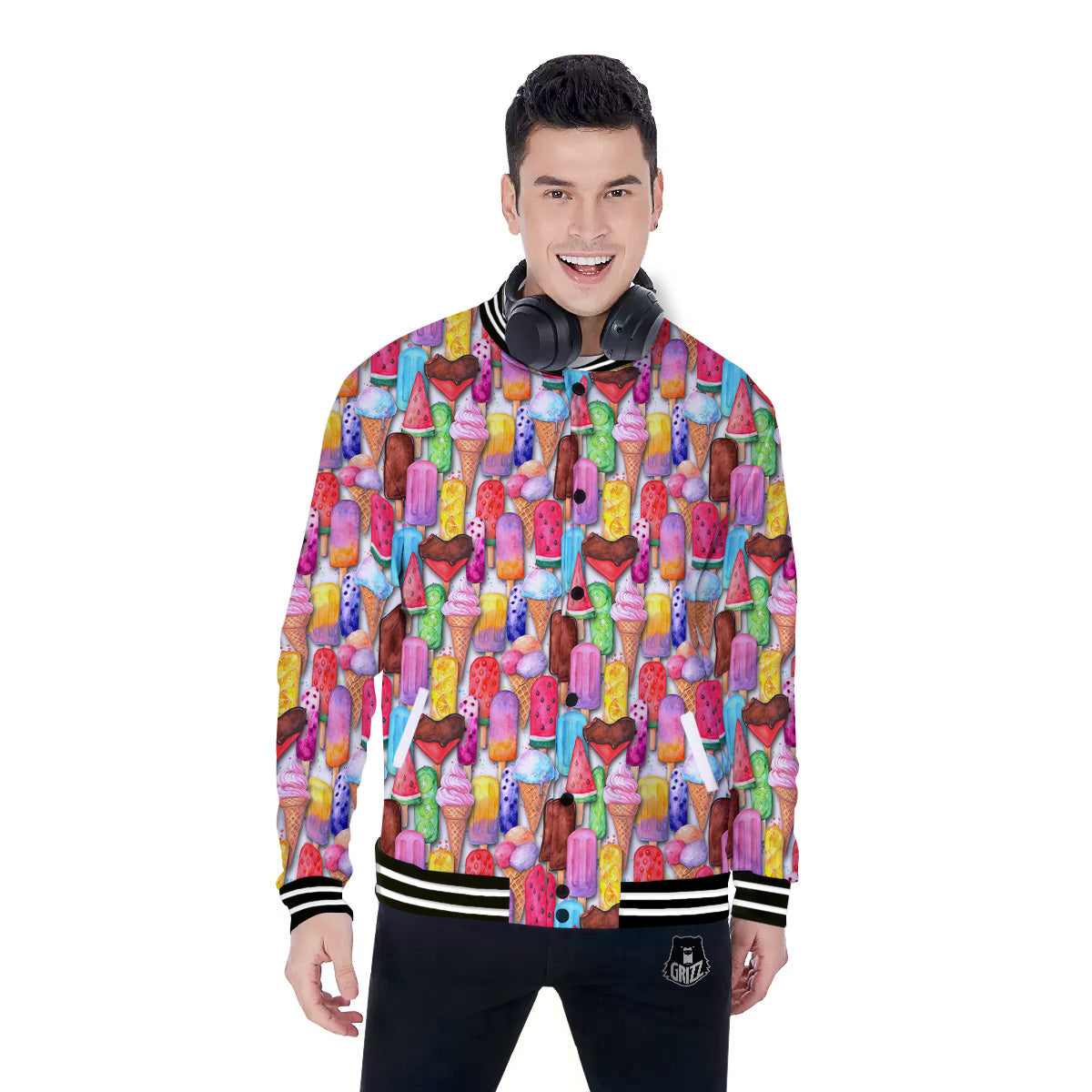 Watercolor Ice Cream Print Pattern Baseball Jacket-grizzshop