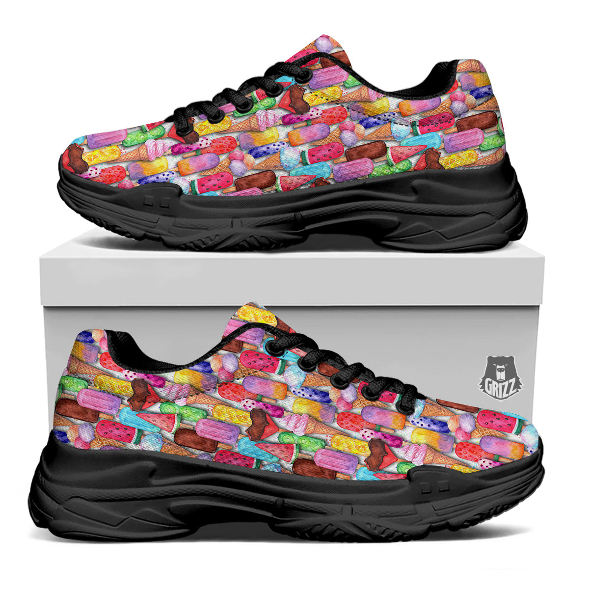 Watercolor Ice Cream Print Pattern Black Chunky Shoes-grizzshop