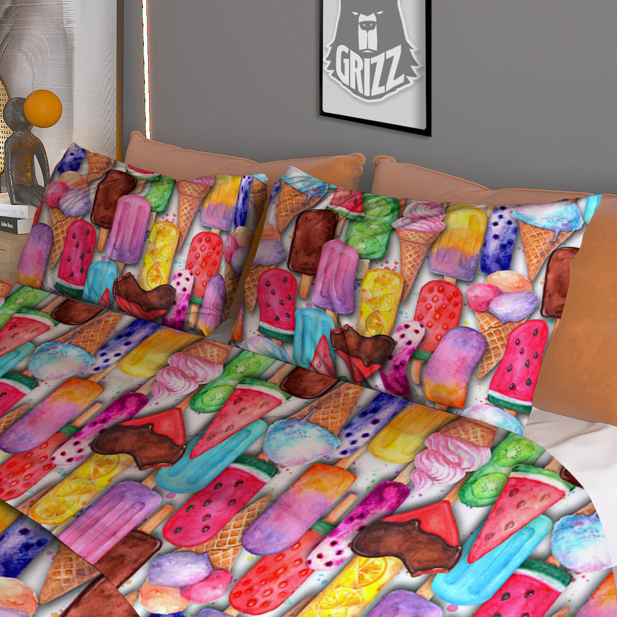 Watercolor Ice Cream Print Pattern Duvet Cover Bedding Set
