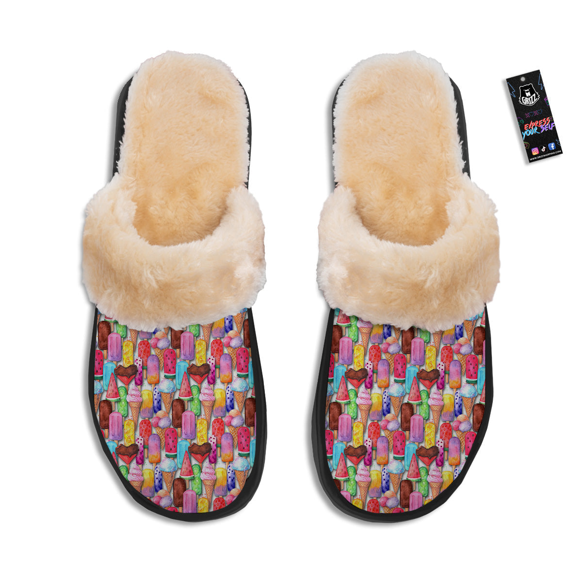 Watercolor Ice Cream Print Pattern Slippers-grizzshop