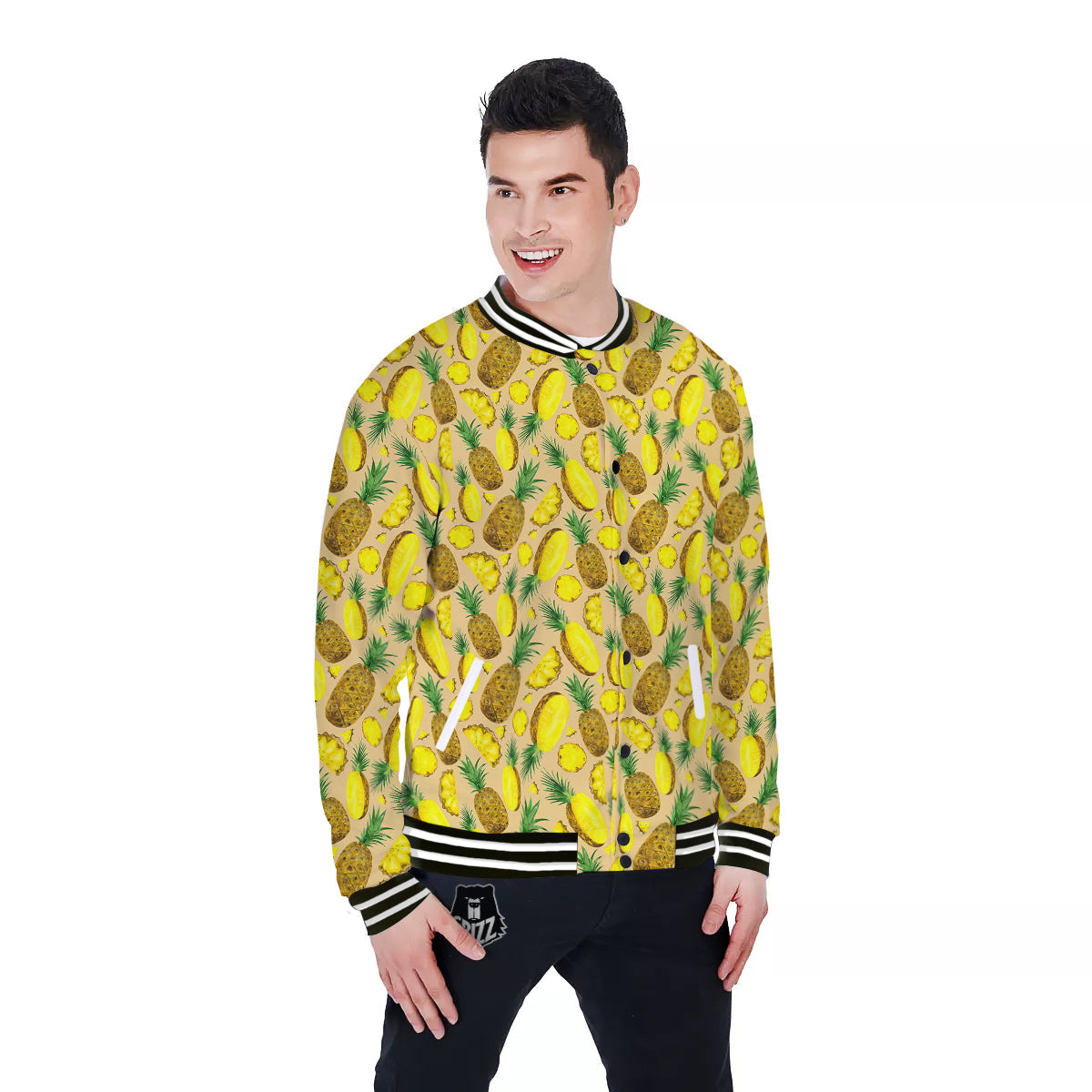 Watercolor Pineapple Beige Print Pattern Baseball Jacket-grizzshop