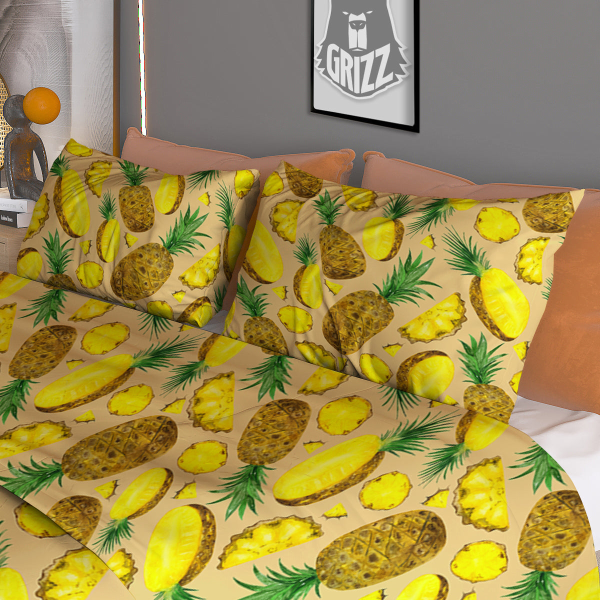Watercolor Pineapple Beige Print Pattern Duvet Cover Bedding Set