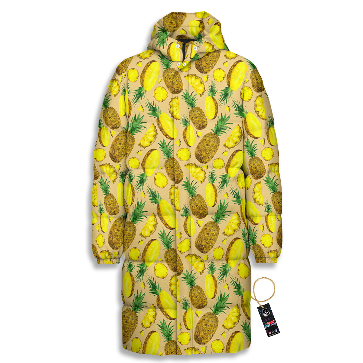 Watercolor Pineapple Beige Print Pattern Long Down Jacket-grizzshop