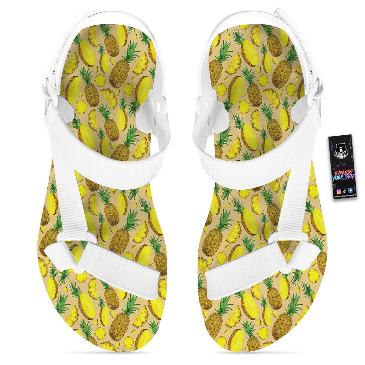 Watercolor Pineapple Beige Print Pattern White Open Toe Sandals-grizzshop