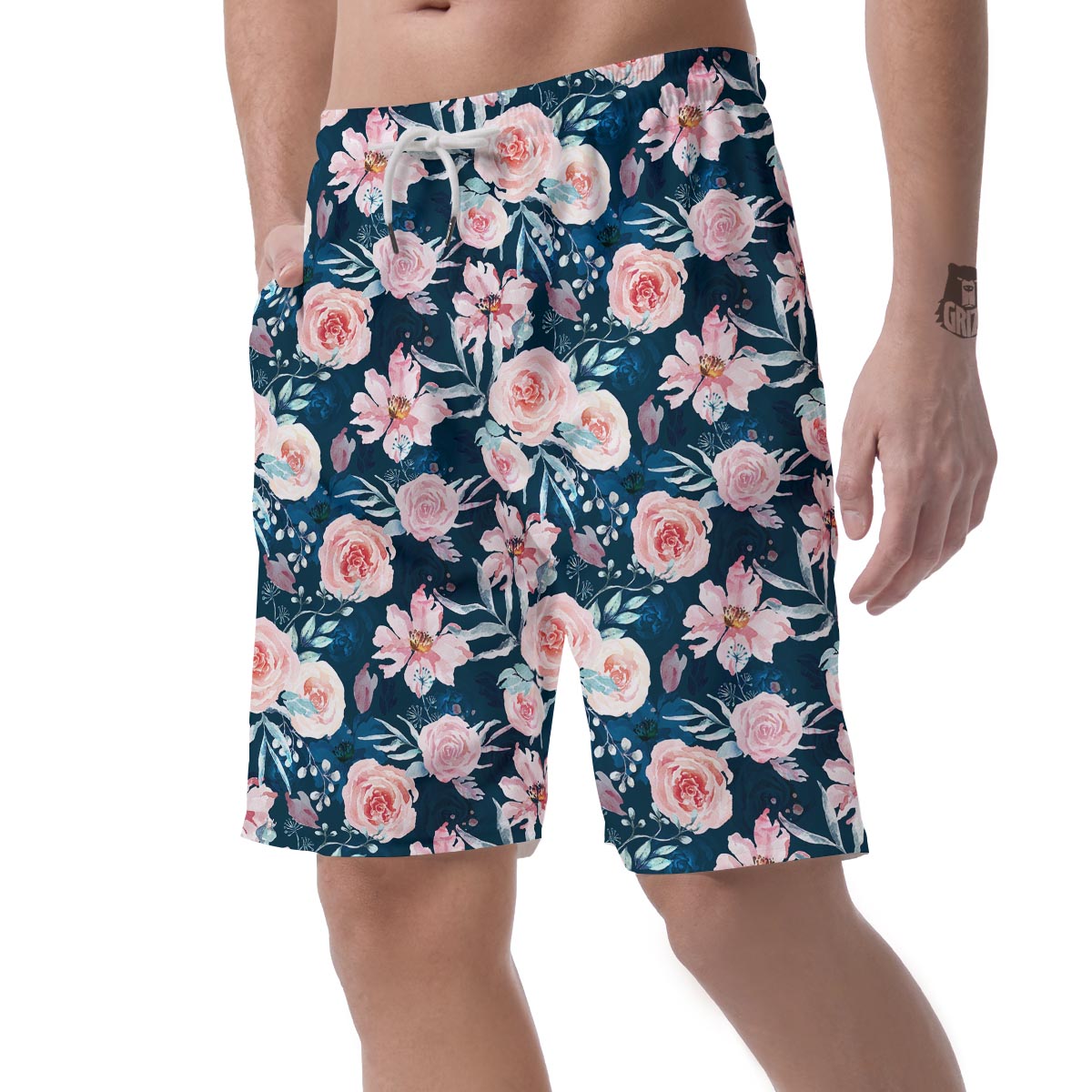 Watercolor Pink Rose Floral Men's Shorts-grizzshop