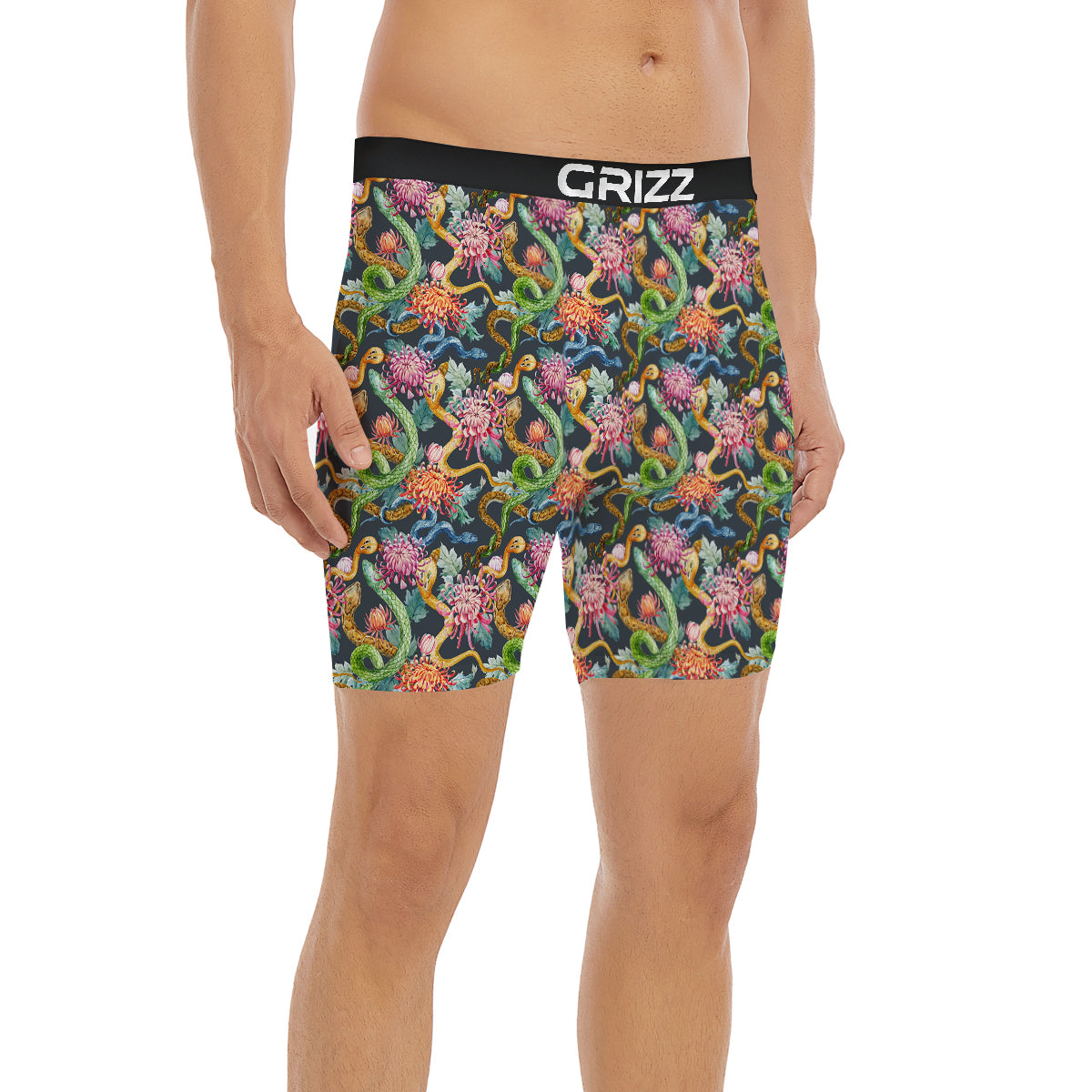 Watercolor Snake Chrysanthemum Flowers Print Pattern Boxer Briefs-grizzshop
