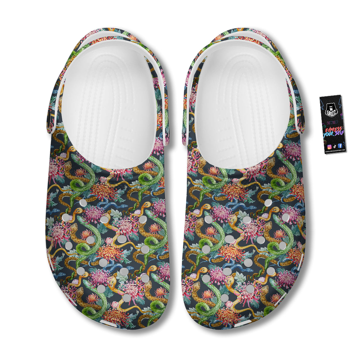 Watercolor Snake Chrysanthemum Flowers Print Pattern Clog-grizzshop
