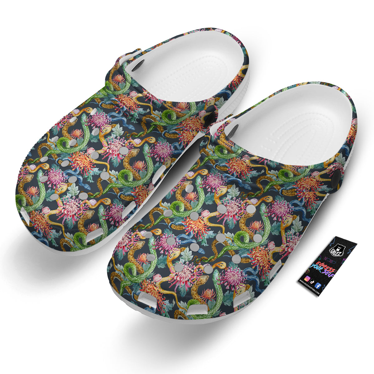 Watercolor Snake Chrysanthemum Flowers Print Pattern Clog-grizzshop